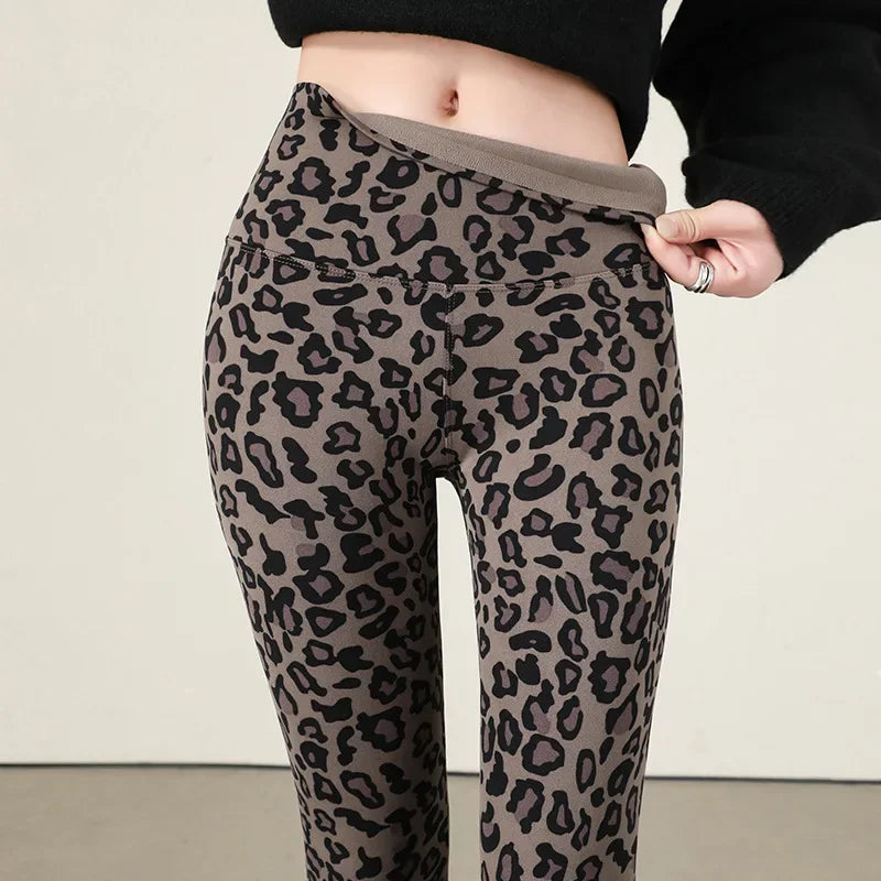Autumn Winter Leopard Print Leggings Women's Velvet Pants Ankle Length High Waist Slim Elastic Warm Yoga Sport Leggings Women
