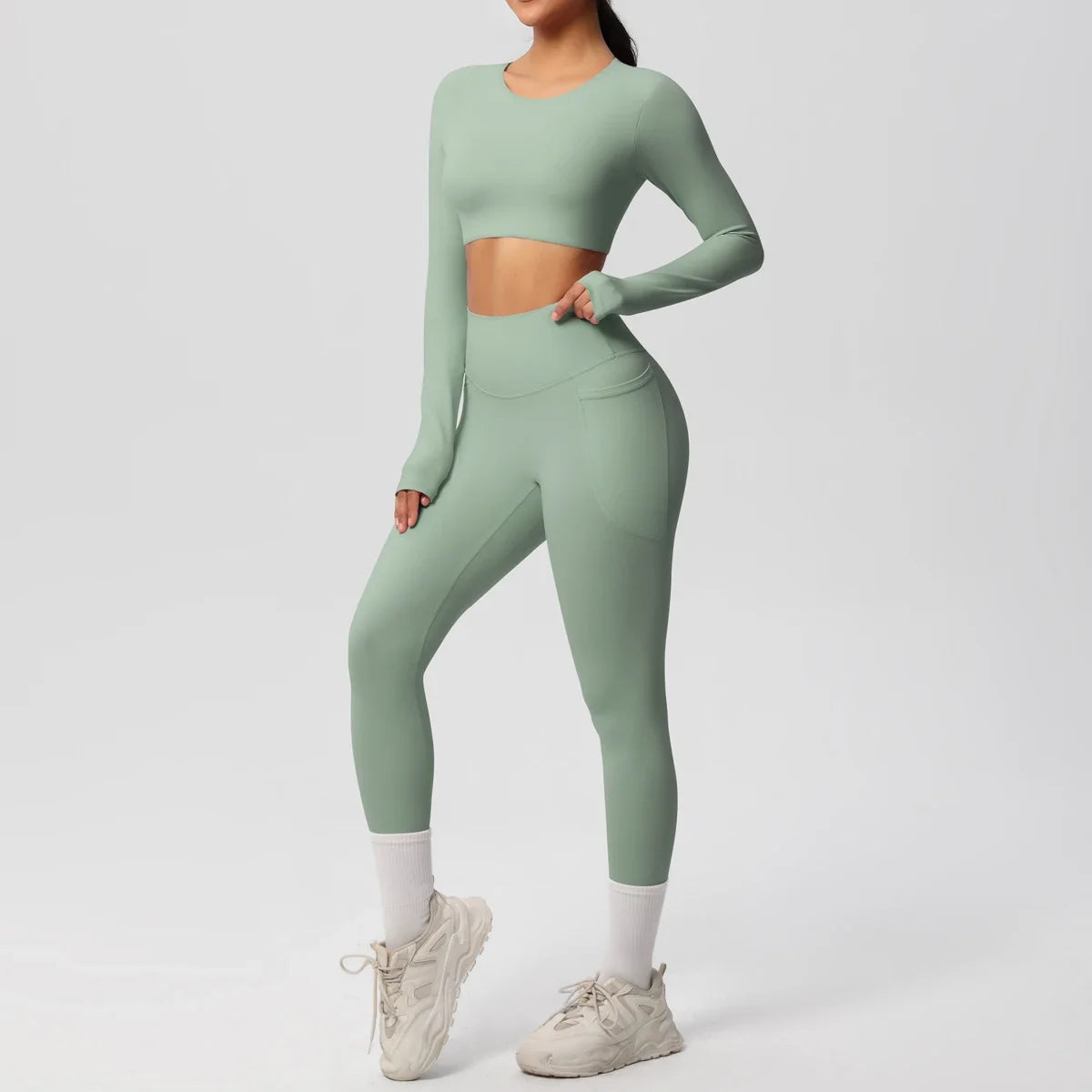 Yoga Set Women Sportswear Yoga Clothes Fitness Long Sleeve With Padded Tracksuits Sports Suit Gym Top High Waist Leggings Pocket