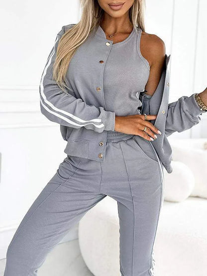 Sport Casual 3 Piece Set Sweatshirt 2025 Solid Color Striped Hooded Jacket + Tank Vest + Slim Trousers Lady Tracksuit Outfit