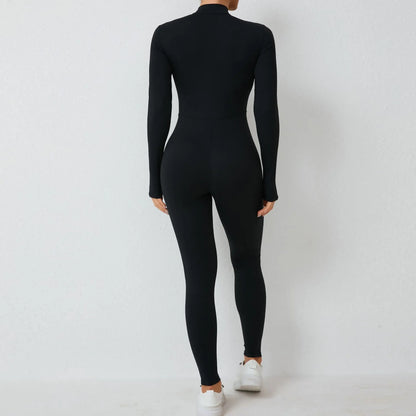 New Nylon Pad Zipper Women Tracksuit Yoga Set One Piece Jumpsuit Workout Scrunch Legging Rompers Sport Gym Active Suit Exercise
