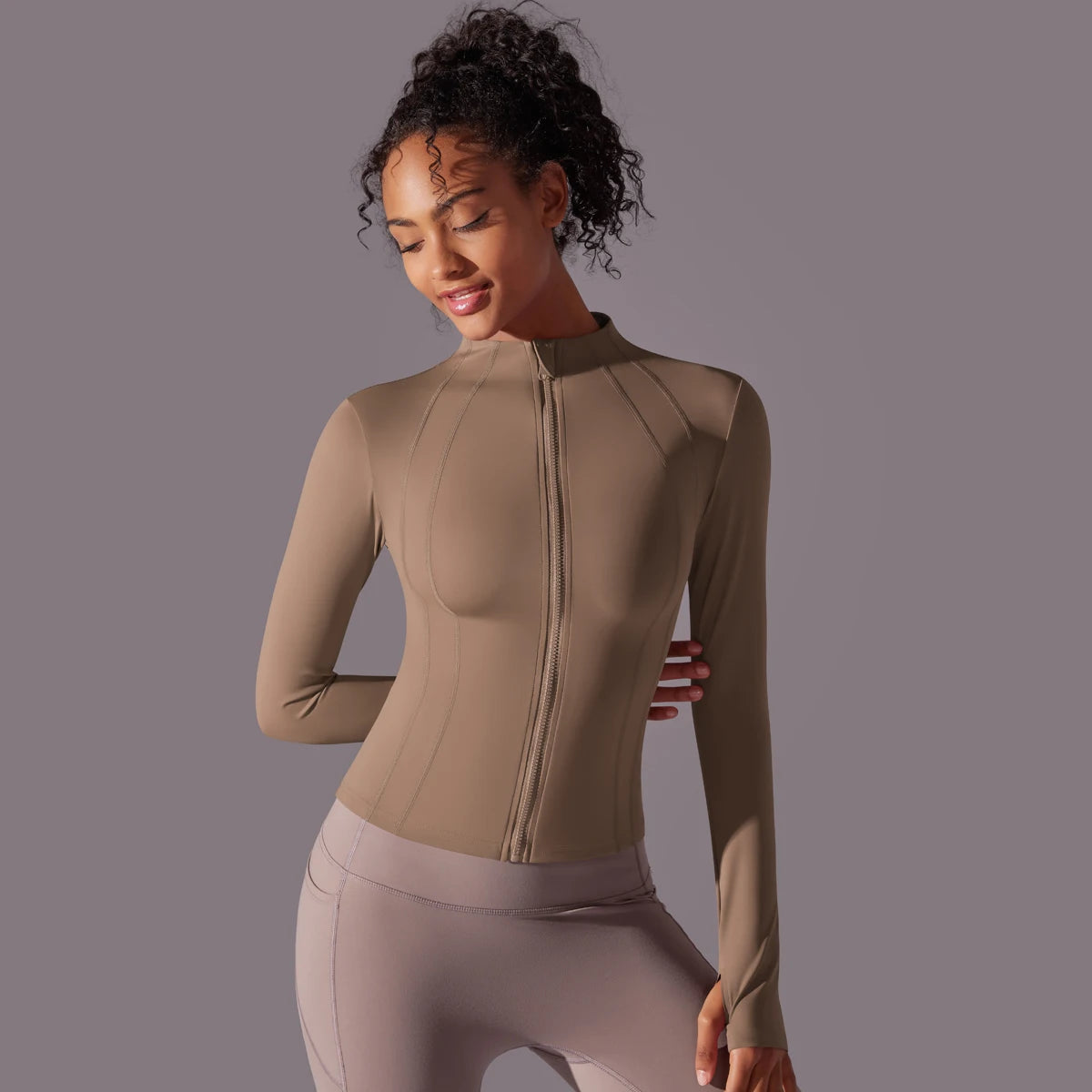 Gym Women's Full Zip Yoga Top With Thumbholes Fitness Running Jacket Stretch Fit Long Sleeve Round Neck Top Sportswear Workout