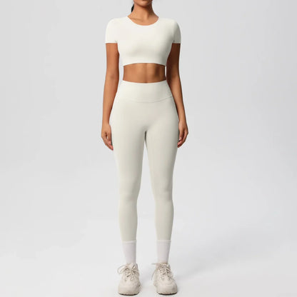 Yoga Suit Women Leggings with Pocketed Quick-Drying Gym Set Women Tracksuit Running Workout Short Sleeves Sports Yoga Clothing