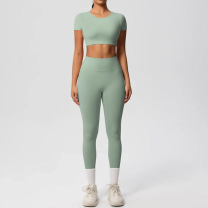 Yoga Suit Women Leggings with Pocketed Quick-Drying Gym Set Women Tracksuit Running Workout Short Sleeves Sports Yoga Clothing