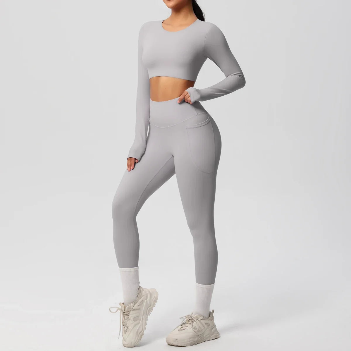Yoga Set Women Sportswear Yoga Clothes Fitness Long Sleeve With Padded Tracksuits Sports Suit Gym Top High Waist Leggings Pocket