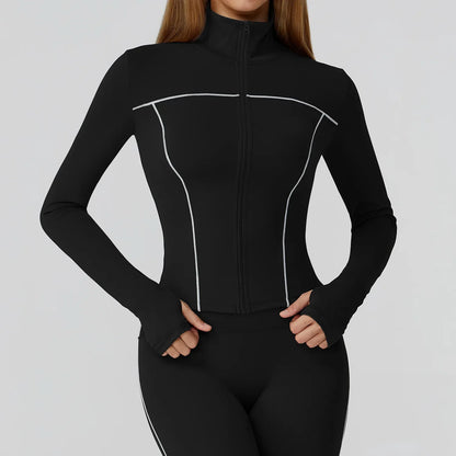 Women Sport Jacket Zipper Yoga Coat Clothes Quick Dry Fitness Jacket Running Long Sleeves Thumb Hole Sportwear Gym Workout Top