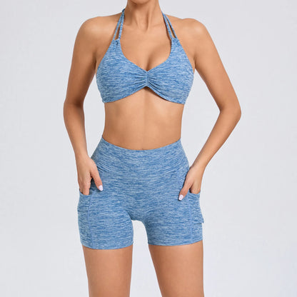 Sport Bra Halter Yoga Set Gym Pocket V Back Shorts Women Workout Tops Women Fitness Leggings Gym Active Wear