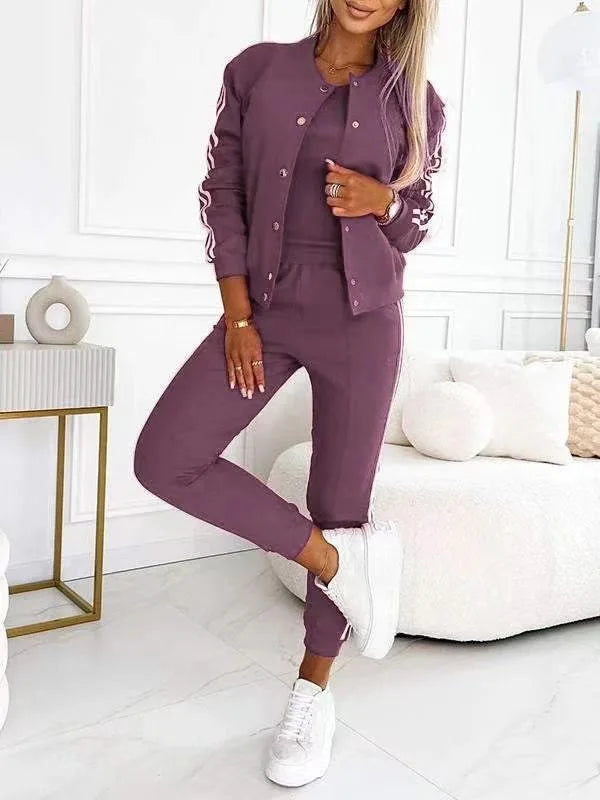 Sport Casual 3 Piece Set Sweatshirt 2025 Solid Color Striped Hooded Jacket + Tank Vest + Slim Trousers Lady Tracksuit Outfit