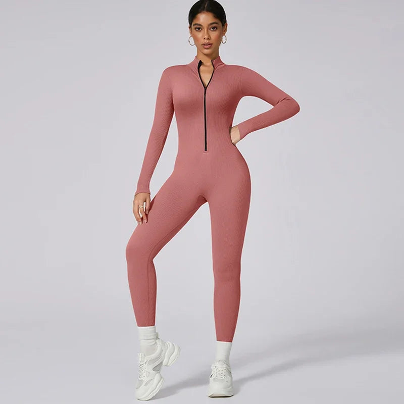 Ribbed Gym Jumpsuits Zipper Sport Romper Longsleeve Fitness Jumpsuit Ladies Workout Overalls Sportwear One Piece Suit