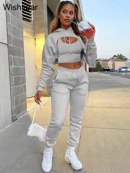Tracksuit 3 Pieces Pants Sets for Women Velvet Hoodie Crop Tops+Vest+Sweatpants Matching Suit Sport Jogger Winter Fall Outfits