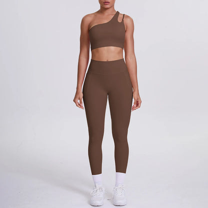 Solid Color Slant Shoulder Bra and Yoga Pants Set for Woman Quick Drying Legging Fitness Sports Gym Yoga Set