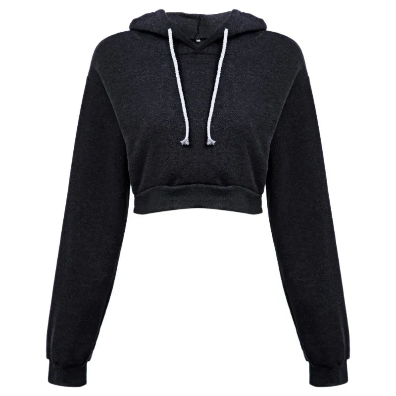 Fashion Women Solid Hoodie Sweatshirt Short Tops Sport Pullover Hooded Streetwear Female Autumn Winter Clothes Crop Tops Hoodie