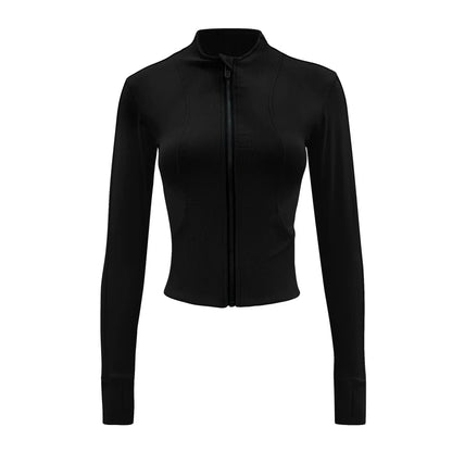 Women Sport Jackets Zipper Slim Yoga Jacket Long Sleeves Thumb Hole Running Sweatshirts Elastic Textured Gym Fitness Coat Female
