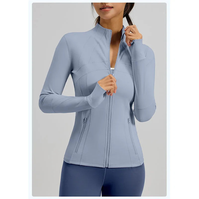 PofyBofy Running Jackets Women Full Zip Up Winter Fall Sports Jackets Workout Yoga Long Sleeve Gym Shirts with Pockets Slim Fit