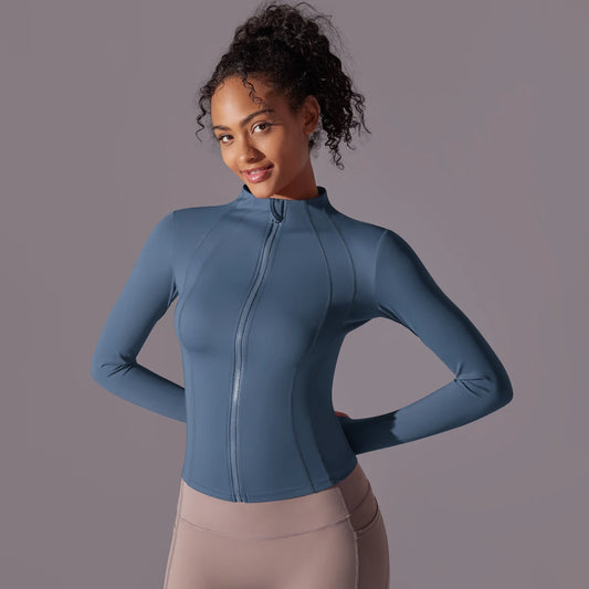 Gym Women's Full Zip Yoga Top With Thumbholes Fitness Running Jacket Stretch Fit Long Sleeve Round Neck Top Sportswear Workout
