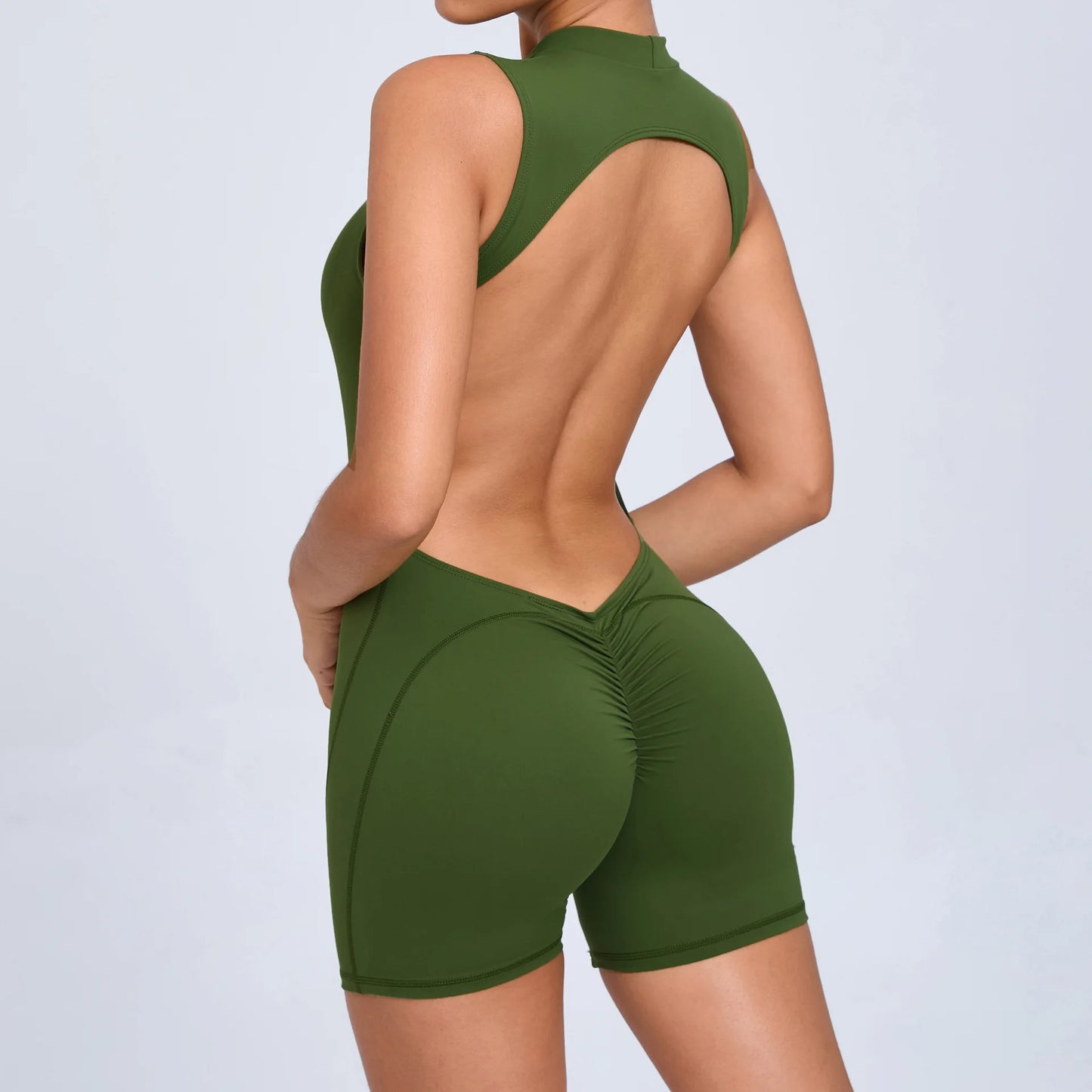 V Back Scrunch One-Piece Suit Push Up Sports Jumpsuit Woman Fitness Zipper Overalls Workout Rompers Women Gym Bodysuits Female