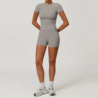 2PCS Yoga Set Women Tracksuits Seamless Workout Set Sportswear Gym Clothing Fitness Sshort Sleeve Crop Top High Waist Leggings