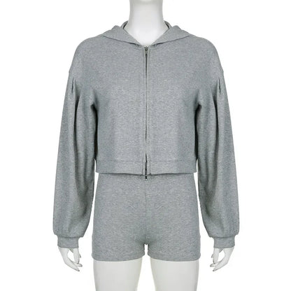 Solid Sport 3 Piece Set Crop Vest Hoodie Tracksuit Women Casual Sweatshirt Coat Mini Short Matching Set Sportswear 3 PCS Outfit