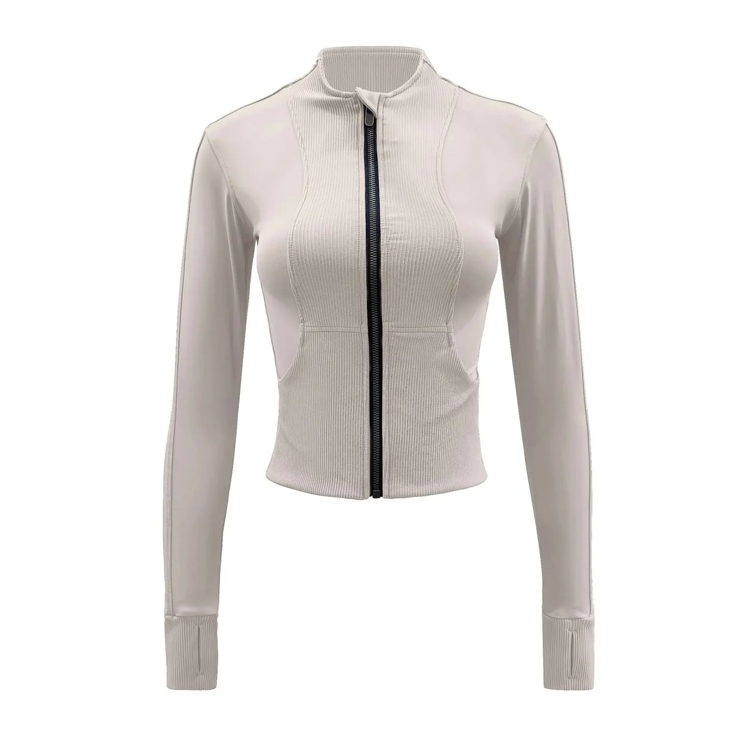 Women Sport Jackets Zipper Slim Yoga Jacket Long Sleeves Thumb Hole Running Sweatshirts Elastic Textured Gym Fitness Coat Female