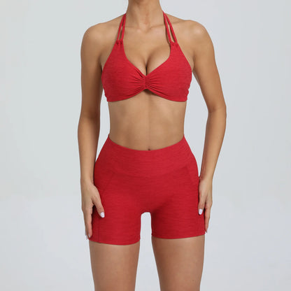 Sport Bra Halter Yoga Set Gym Pocket V Back Shorts Women Workout Tops Women Fitness Leggings Gym Active Wear