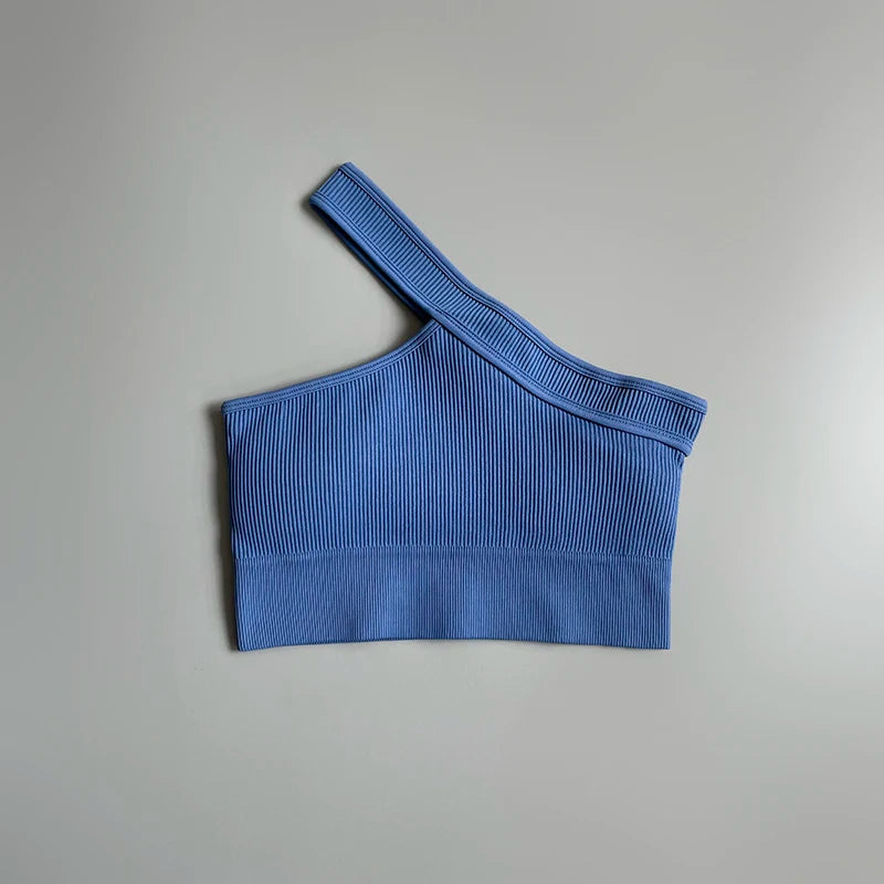 Women's Cropped Yoga Bra Sexy One Shoulder Sports Bra Underwear Padded Gym Seamless Knitted Fitness Breathable Female Bra