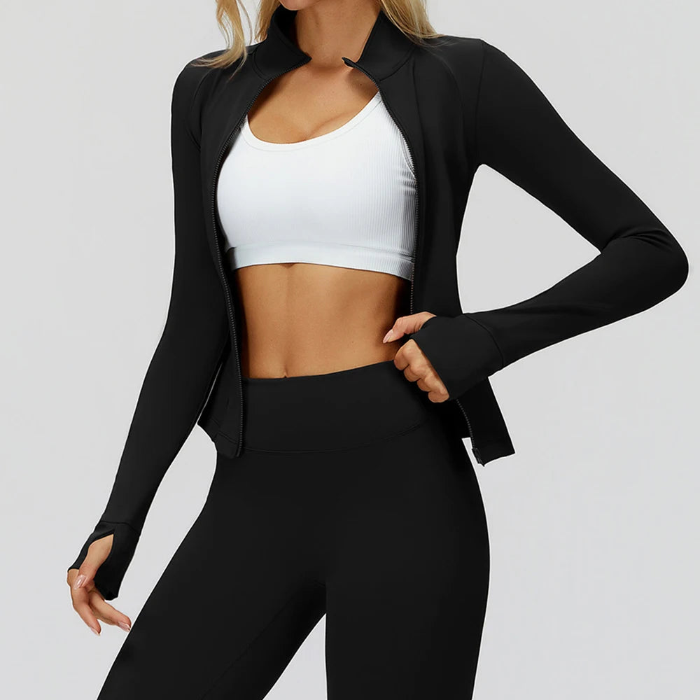 Women's Shirts Full Zipper Yoga Top With Thumbholes Fitness Running Jacket Stretch Slim Fit Long Sleeve Gym Top Women Sportswear