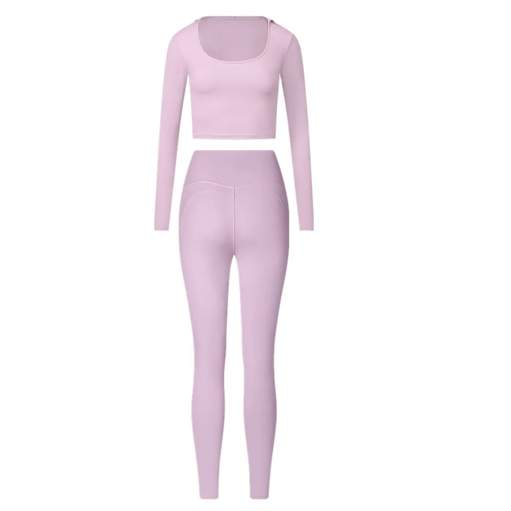 2PCS Hoody Sportswear Long Sleeve Crop Top Women Yoga Set Fitness Bra Workout Clothes Active Gym Legging Athletic Wear Suit XP14