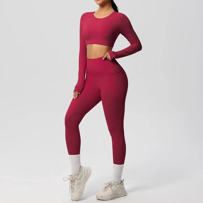 Yoga Set Women Sportswear Yoga Clothes Fitness Long Sleeve With Padded Tracksuits Sports Suit Gym Top High Waist Leggings Pocket