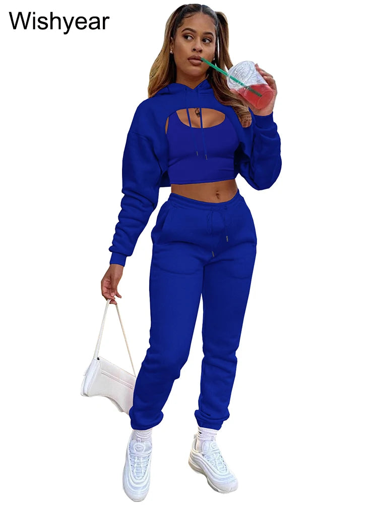 Tracksuit 3 Pieces Pants Sets for Women Velvet Hoodie Crop Tops+Vest+Sweatpants Matching Suit Sport Jogger Winter Fall Outfits