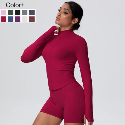 1PC Solid Color Slim Casual Zipper Long Sleeves Yoga Coat for Woman's Quick Drying Gym Sports Running Workout Top Yoga Jacket