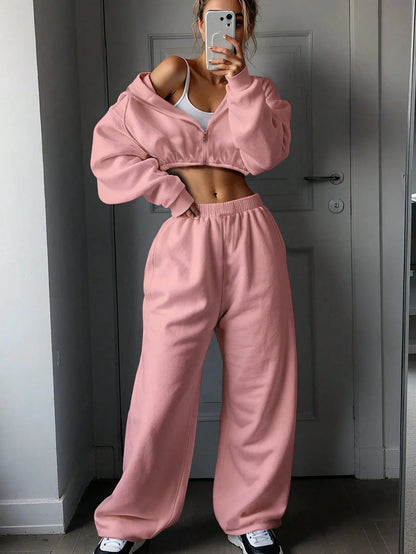 DSMTRC 2025 Autumn Ladies Casual Sport Two Piece Matching Sets Hoodies Crop Top+Sweatpants Pants Suits Black Club Outfits Woman