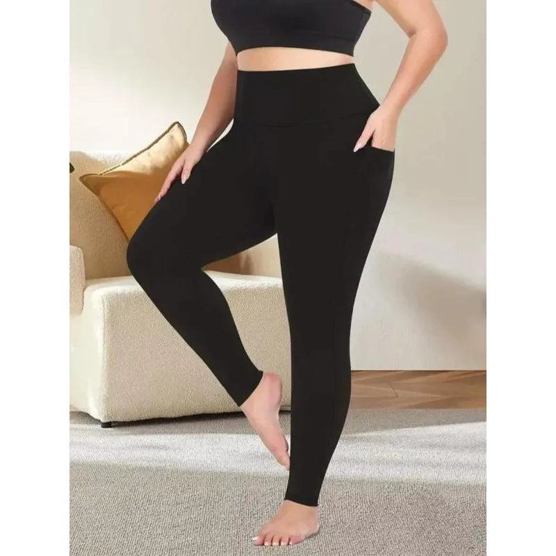 Plus Size 1XL-5XL New Womens Solid Color High Waist Pants  Elasticity Casual Leggings with Pockets Gym Workout Pants