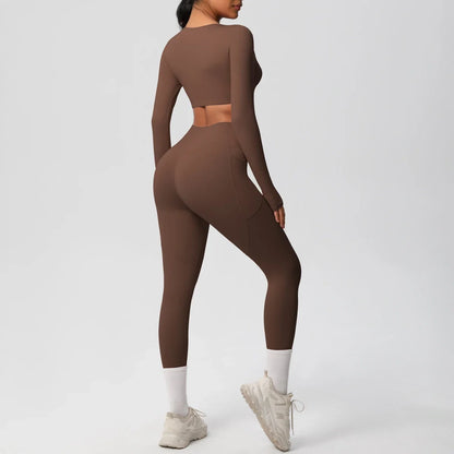 Yoga Set Women Sportswear Yoga Clothes Fitness Long Sleeve With Padded Tracksuits Sports Suit Gym Top High Waist Leggings Pocket