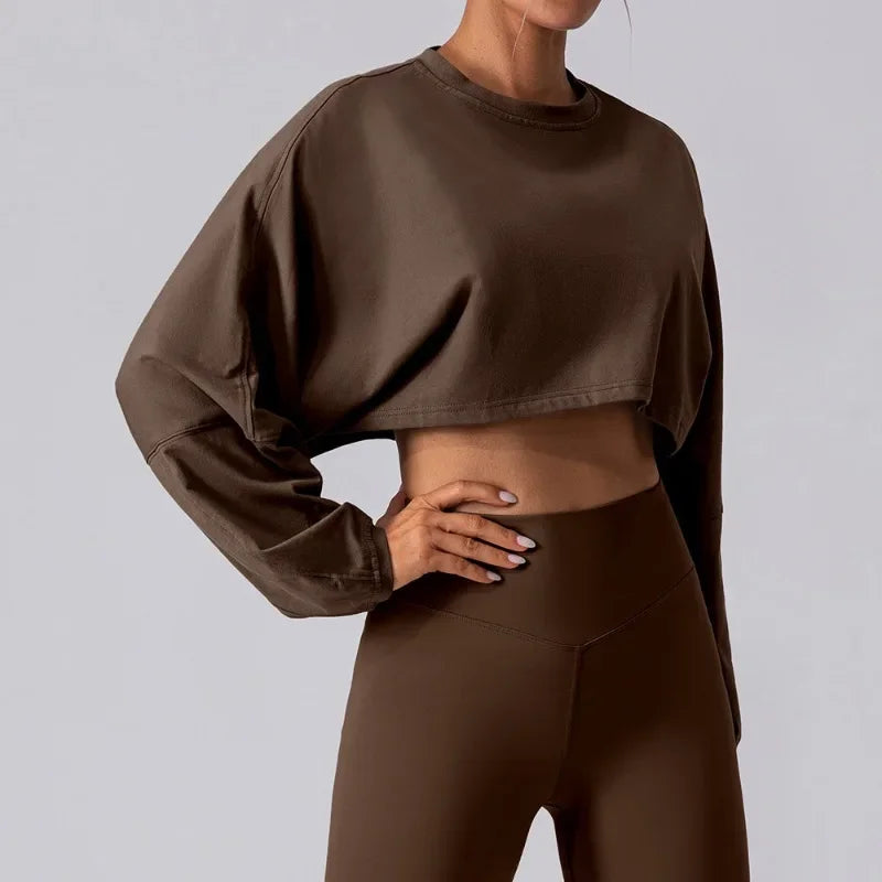 Women Sport O-neck Hoodie Long Sleeve Crop Short Shirt Yoga Running Loose Casual Autunm Outfits Training Workout Gym Sweatshirts