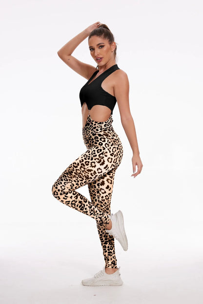 Women's 2024 New INS Network Red Same Leopard Print Sexy Hollow Running Sports Bodysuit Hip Lift Fitness Yoga Pants