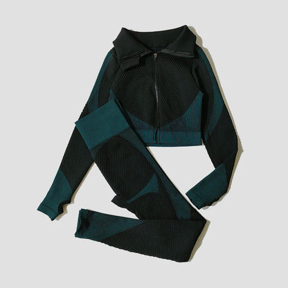 2/3Pcs Women Yoga Suit Seamless Knitted Yoga Pants Leggings Clothing Zipper Long Sleeve Crop Top Fitness Wear Sportswear Gym Set