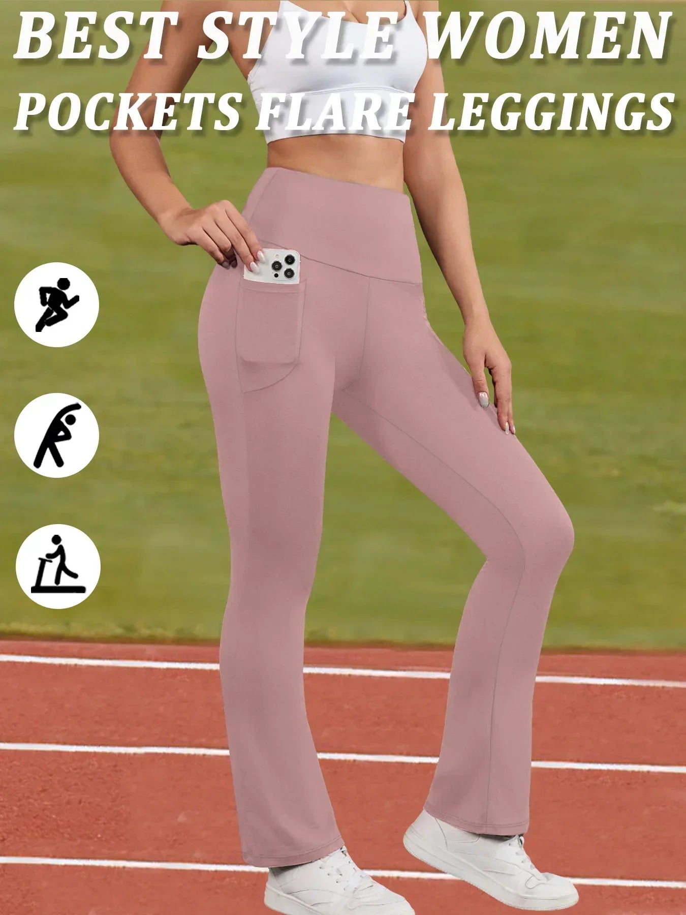 Women's Super Soft Flare Pants with Pockets High Waisted Tummy Control Workout Yoga Push Up Gym Fitness Leggings Bell Bottoms