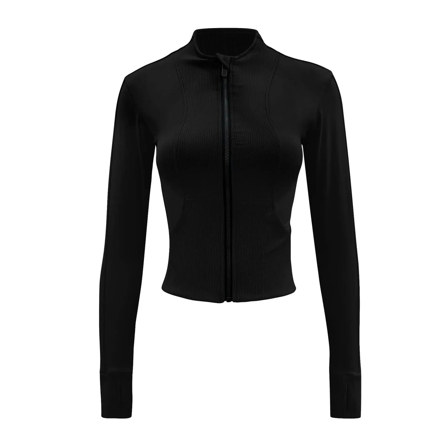 Women Sport Jackets Zipper Slim Yoga Jacket Long Sleeves Thumb Hole Running Sweatshirts Elastic Textured Gym Fitness Coat Female