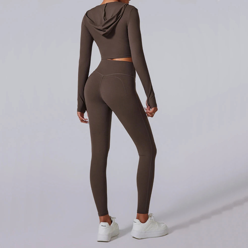 2PCS Hoody Sportswear Long Sleeve Crop Top Women Yoga Set Fitness Bra Workout Clothes Active Gym Legging Athletic Wear Suit XP14