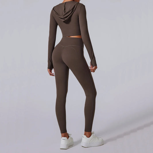 2PCS Hoody Sportswear Long Sleeve Crop Top Women Yoga Set Fitness Bra Workout Clothes Active Gym Legging Athletic Wear Suit XP14