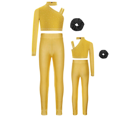 Girls Ballet Dance Outfit Unique Irregular Shoulder Rhinestones Crop Top with Hairband Leggings for Figure Skating Gymnastics