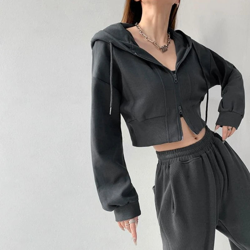 Sport Cropped Baggy Hoodies Sweatshirt for Women Harajuku Fashion Aesthetic Outerwears Korean Streetwear Y2k Woman Hooded Tops
