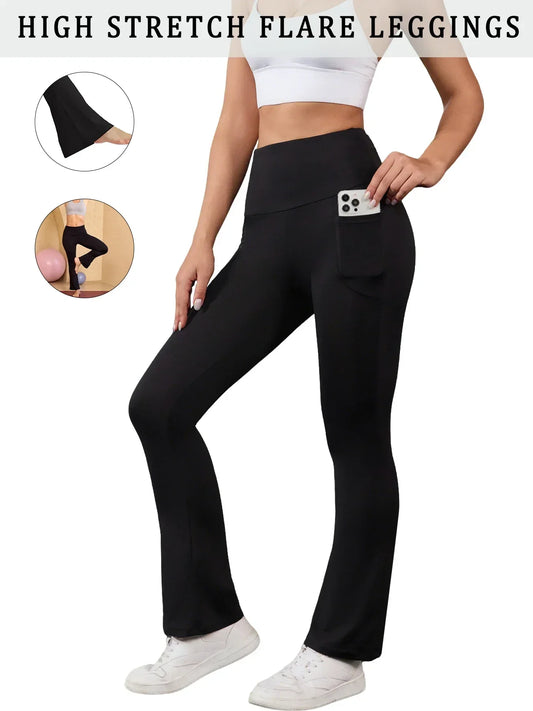 Women's Super Soft Flare Pants with Pockets High Waisted Tummy Control Workout Yoga Push Up Gym Fitness Leggings Bell Bottoms