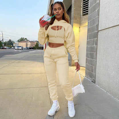 3 Pieces Sets Women Outfits Sweatpants & Hoodie Set Cropped Tops Fleece Pants Suit Tracksuit Fitness Sport Jogger Woman Clothing