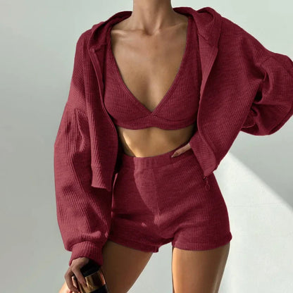 Solid Sport 3 Piece Set Crop Vest Hoodie Tracksuit Women Casual Sweatshirt Coat Mini Short Matching Set Sportswear 3 PCS Outfit