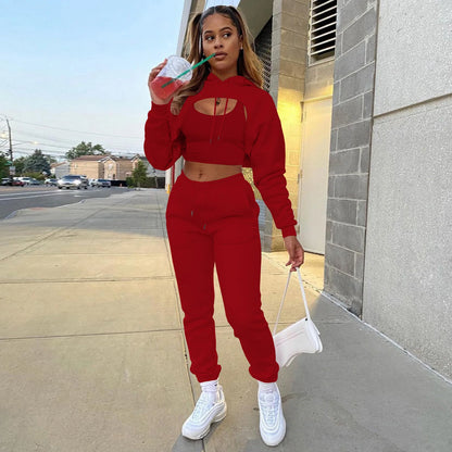 3 Pieces Sets Women Outfits Sweatpants & Hoodie Set Cropped Tops Fleece Pants Suit Tracksuit Fitness Sport Jogger Woman Clothing