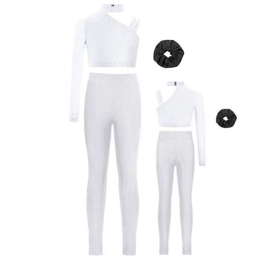 Girls Ballet Dance Outfit Unique Irregular Shoulder Rhinestones Crop Top with Hairband Leggings for Figure Skating Gymnastics