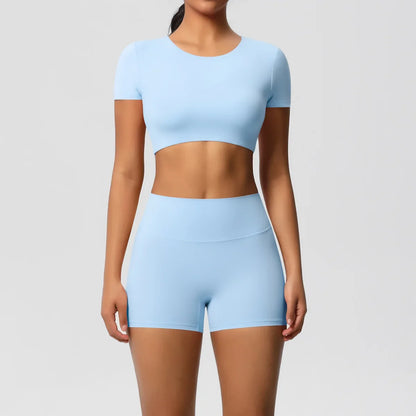 Yoga Suit Women Leggings with Pocketed Quick-Drying Gym Set Women Tracksuit Running Workout Short Sleeves Sports Yoga Clothing
