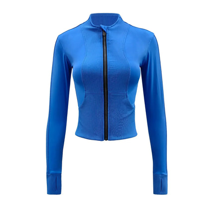 Women Sport Jackets Zipper Slim Yoga Jacket Long Sleeves Thumb Hole Running Sweatshirts Elastic Textured Gym Fitness Coat Female