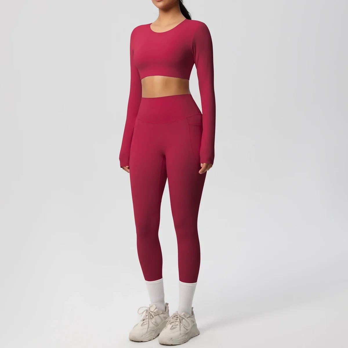 Yoga Set Women Sportswear Yoga Clothes Fitness Long Sleeve With Padded Tracksuits Sports Suit Gym Top High Waist Leggings Pocket