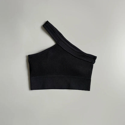 Women's Cropped Yoga Bra Sexy One Shoulder Sports Bra Underwear Padded Gym Seamless Knitted Fitness Breathable Female Bra
